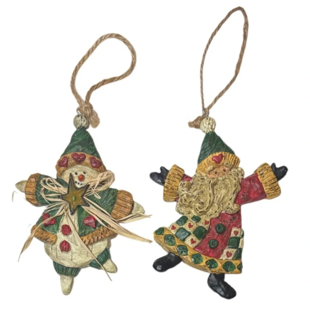 Whimsical Christmas Ornaments Hand Crafted Vintage Snowman Santa 2 Pc Set Red